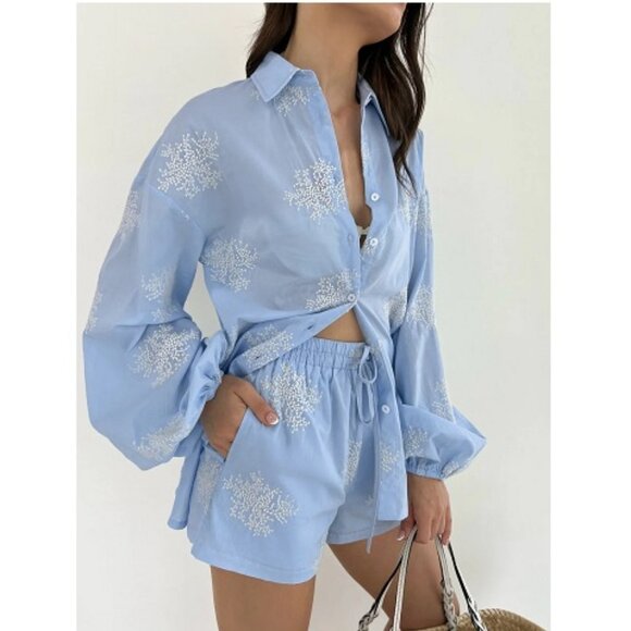 Commense Tops - Commense Semi-Sheer Plant Embroidery Casual Shorts Set NWT, Size M
